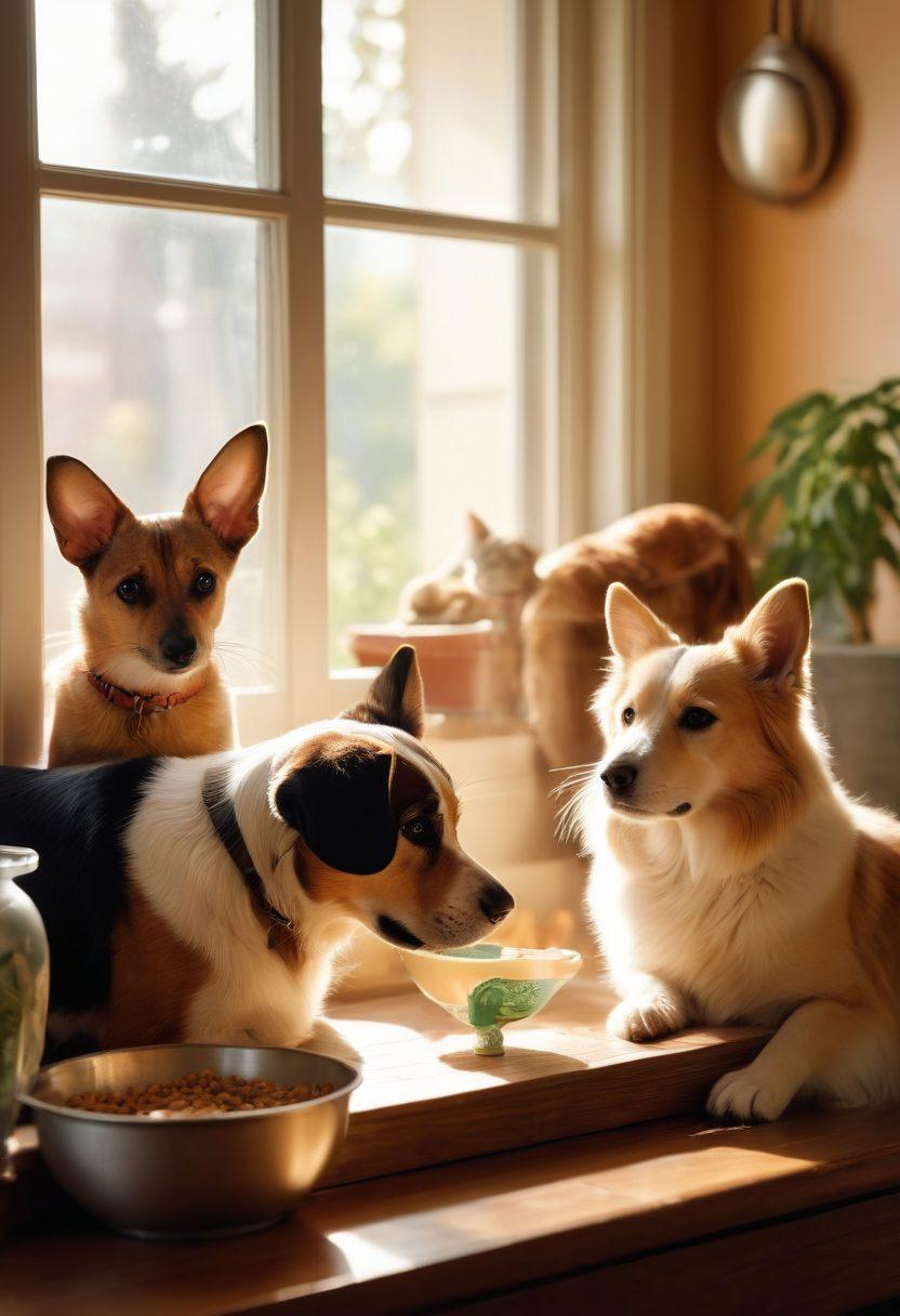 A heartwarming scene depicting a diverse group of pet owners interacting lovingly with their pets, showcasing various species like dogs, cats, and rabbits in a cozy home environment. Sunlight streams through a window illuminating their joyful moments, surrounded by pet care items like food bowls, toys, and grooming tools. The emotional bond between the pets and their owners is palpable, symbolizing companionship and care for animal welfare. soft-focus, warm color palette, super-realistic.