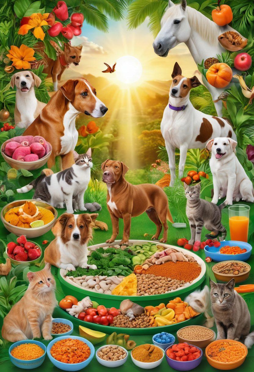 A vibrant collage depicting various animals such as dogs, cats, horses, and exotic pets, surrounded by nutrition charts, training gear, and heartwarming caregiver scenes. Include colorful food bowls, fitness equipment, and a caring human hand reaching out to a pet. The background should showcase a peaceful environment with greenery. super-realistic. vibrant colors. 3D.