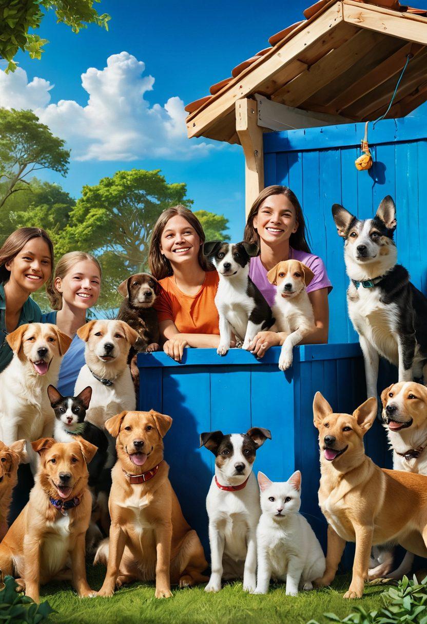 A heartwarming scene featuring a diverse group of people rescuing and caring for various animals, including dogs, cats, and rabbits, in a colorful shelter environment. The background shows a bright blue sky and lush greenery, symbolizing hope and community. Include elements like banners promoting animal adoption and advocacy. Capture the emotions of joy, compassion, and teamwork. vibrant colors. super-realistic.